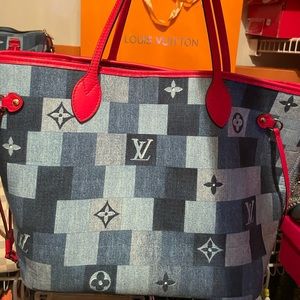 Louis Vuitton Blue and Red Damier Monogram Patchwork Denim Neverfull MM